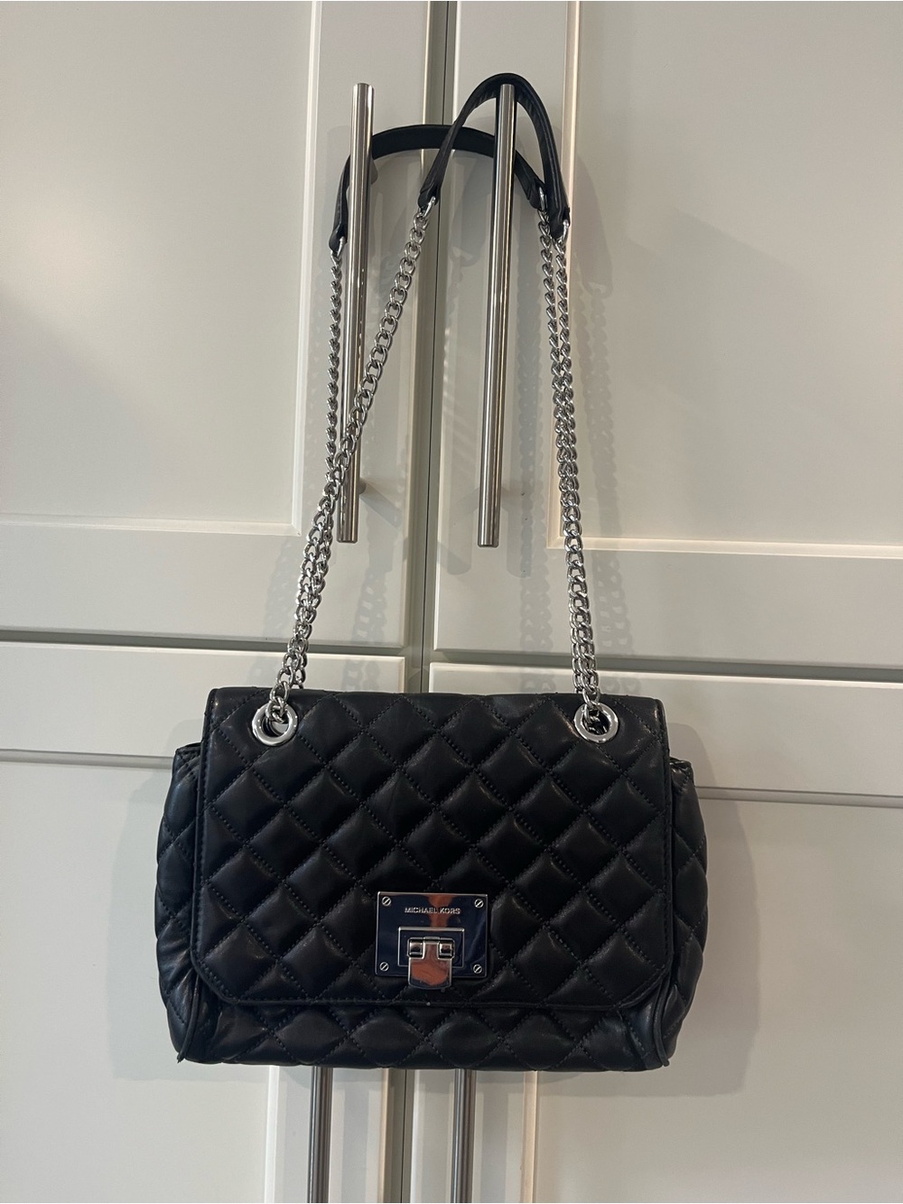 Michael Kors Black Quilted Leather Shoulder Bag with Silver Chain